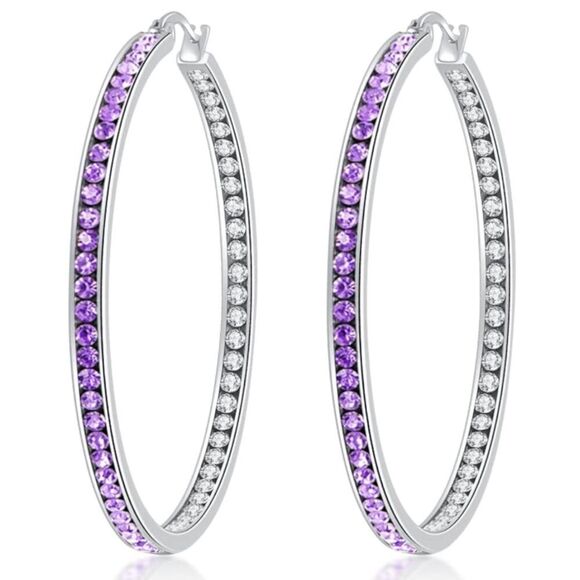 14K White Gold with Purple Amethyst and Diamond Cubic Zirconia Big Hoop Earrings - Picture 1 of 6